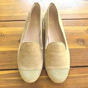 Stuart Weitzman Suede Loafers Crystal Cap Toe Beige Slip On Flats 8.5M